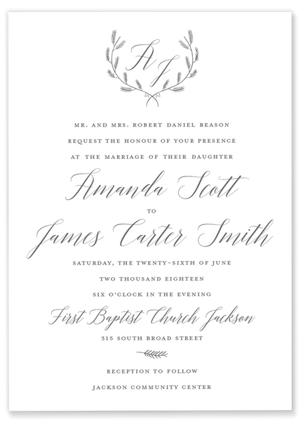 grey laurel monogram wedding invitation 