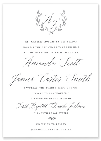 grey laurel monogram wedding invitation