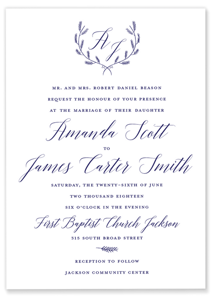 navy laurel monogram wedding invitation 