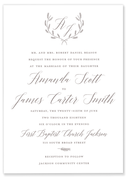 grey laurel monogram wedding invitation