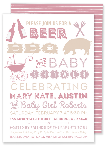 beer bbq and baby shower invitation pink