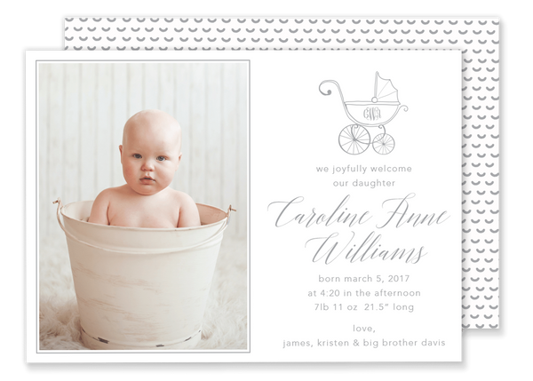 pram birth announcement grey with monogram