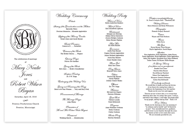 black dot monogram folded wedding program script