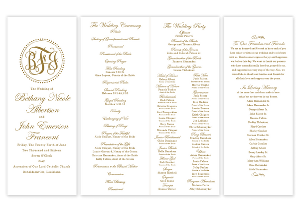 gold dot monogram folded wedding program script