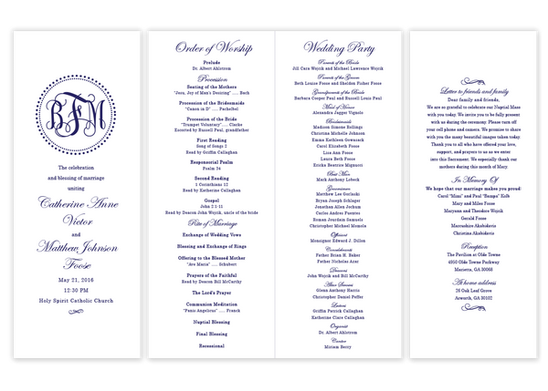 navy dot monogram folded wedding program script