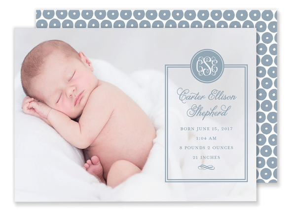 boy monogram birth announcement blue