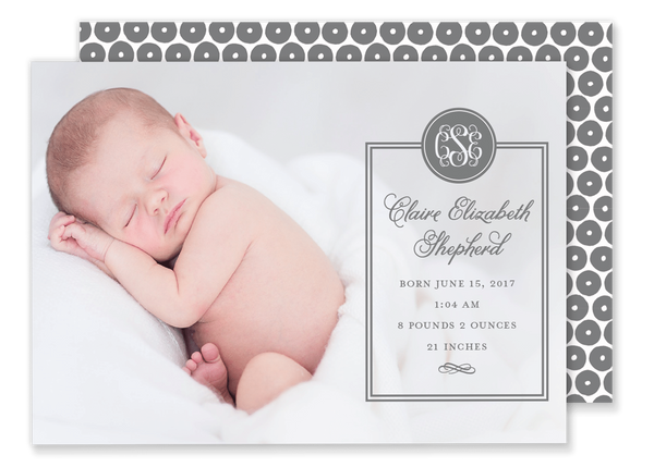 monogram birth announcement grey