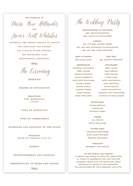 gold flat wedding ceremony program Catholic mass Christian ceremony