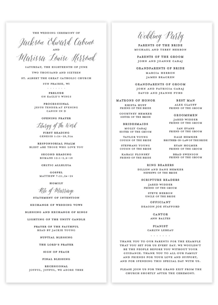 grey flat calligraphy wedding program Catholic mass Christian ceremony
