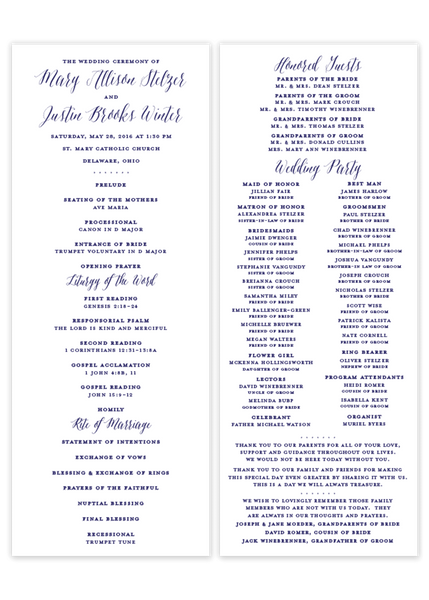 navy flat calligraphy wedding program Catholic mass Christian ceremony