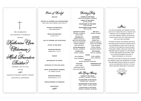 black folded cross script wedding program