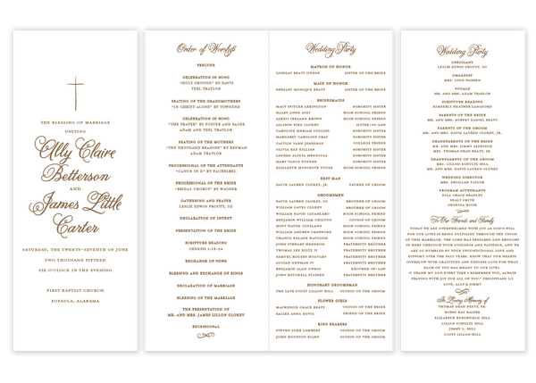 gold folded cross script wedding program