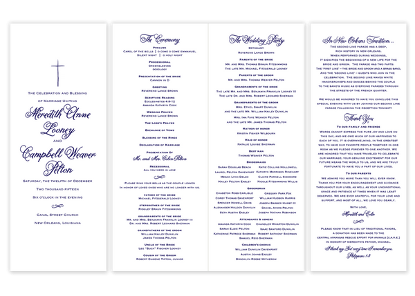 navy folded cross script wedding program