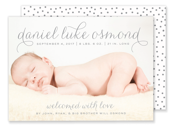 script name baby boy birth announcement with polka dot back pattern