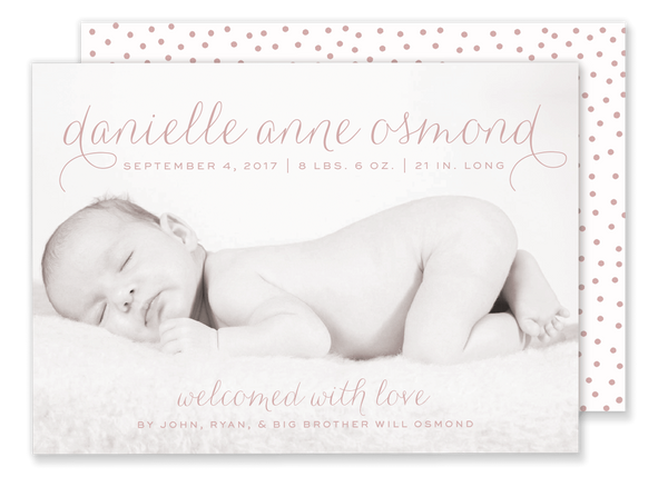 script name baby girl birth announcement with polka dots
