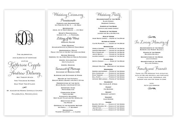 black folded monogram script wedding ceremony program