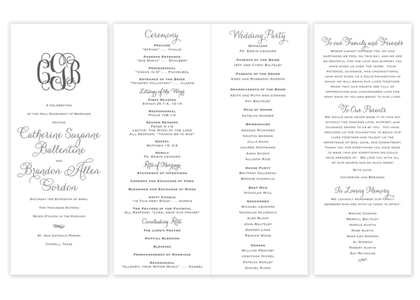 grey  folded monogram script wedding ceremony program