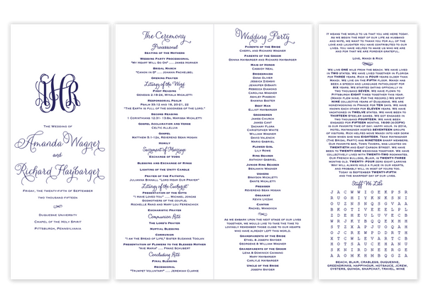 navy  folded monogram script wedding ceremony program