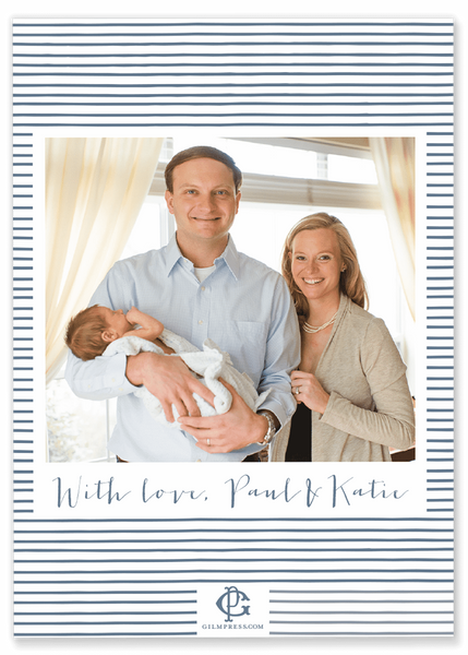 blue stripe monogram photo birth announcement back