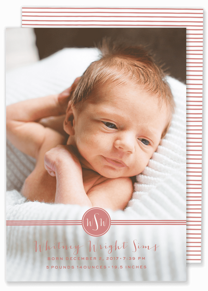 stripe monogram photo birth announcement pink