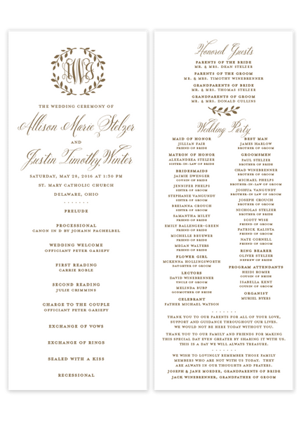 Wreath Monogram \\ Flat Wedding Program
