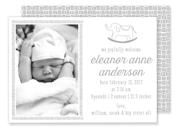 grey rocking horse birth announcement 