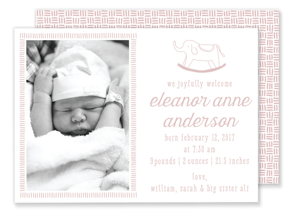 pink rocking horse birth announcement 