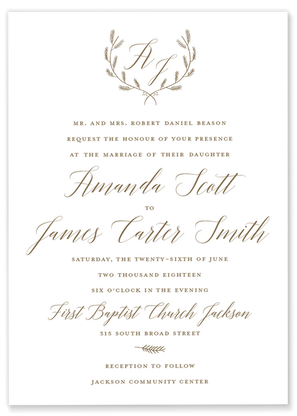 gold laurel monogram wedding invitation 