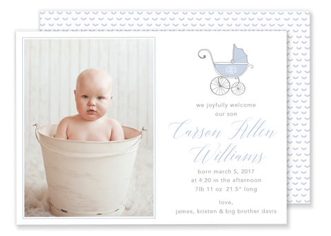 carriage birth announcement blue with monogram