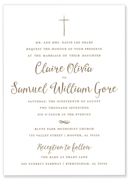 gold hand drawn cross wedding invitation