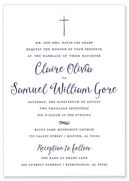 navy hand drawn cross wedding invitation
