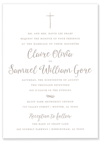 taupe hand drawn cross wedding invitation