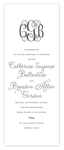 grey folded monogram script wedding ceremony program