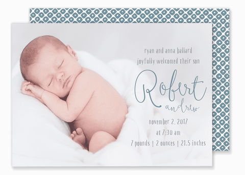 large photo with script name birth announcement 