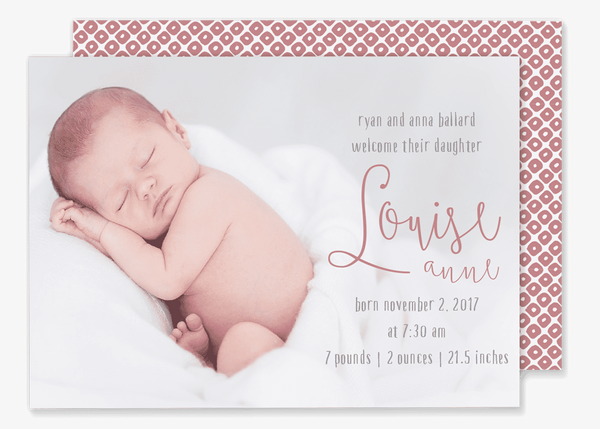 large photo with script name birth announcement pink