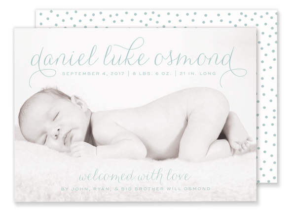 script name baby boy birth announcement with polka dot back pattern