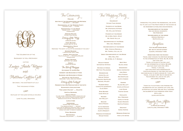gold  folded monogram script wedding ceremony program
